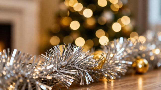 Sparkling silver tinsel garland decorates wooden surface with blurred Christmas tree in background, creating festive and warm holiday atmosphere