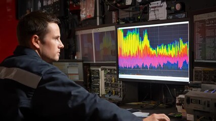 Technician analyzing frequency patterns on a digital interface to finetune acoustic saw performance for improved efficiency.