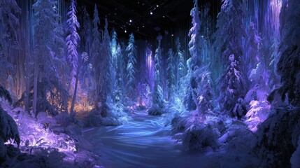 A snowy scene with a frozen river and trees