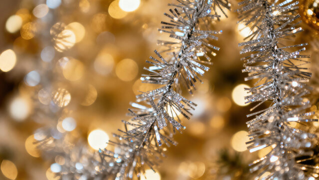 Close up of shimmering silver tinsel with blurred golden Christmas lights in background creates festive and joyful atmosphere - Powered by Adobe