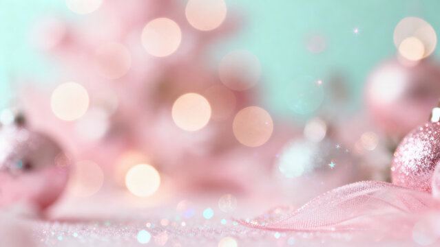 Soft pink and mint bokeh with glittery ornaments create dreamy, festive atmosphere. pastel tones and sparkling lights evoke sense of whimsy and celebration
