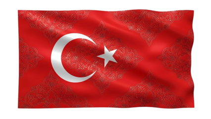 Waving national banner featuring a prominent crescent and star motif over an ornate pattern