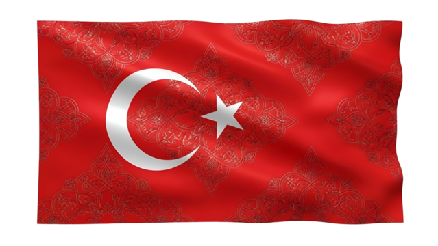 Waving national banner featuring a prominent crescent and star motif over an ornate pattern