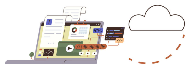 Laptop with open multimedia files, code, documents, and cloud connection visualization. Ideal for cloud computing, data storage, digital workflow, coding, file sharing online learning modern