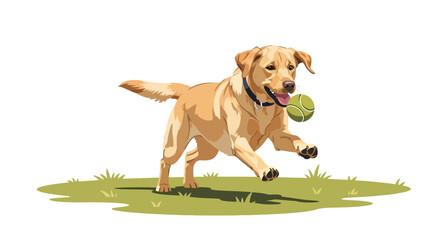An energetic yellow Labrador Retriever dog joyfully runs across green grass, chasing a bright green tennis ball.