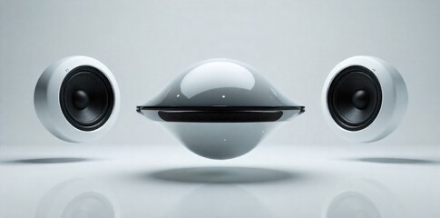 Floating speaker stands integrated into a futuristic, clean white interior. Futuristic floating speaker stands, appearing to hover in a completely white, minimalist interior. The stands have a smooth,