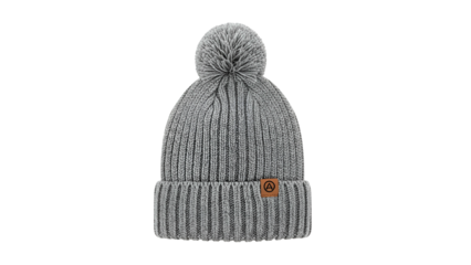Knitted winter headwear featuring a ribbed texture and decorative pompom sits against a dark background