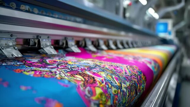 Medium shot of a vibrant textile sublimation printing process on apparel fabric showcasing detailed dyeing of sportswear patterns with vivid colors.