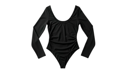 Sleek black long sleeve one piece garment displayed against a dark background