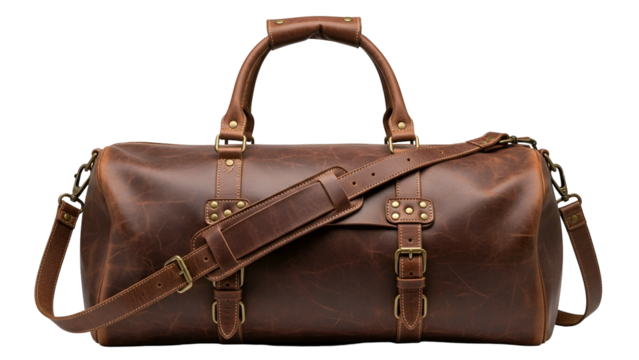 Sturdy brown leather duffel bag rests against a solid black background