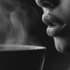 Close up of a female mouth sipping a steaming coffee High contrast image. 