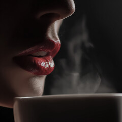 Close up of a female mouth sipping a steaming coffee High contrast image. 