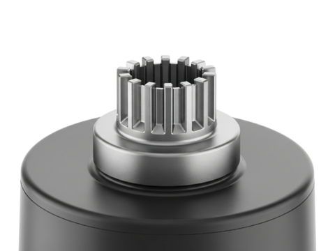 Close-up of an industrial splined metal shaft for engineering on a transparent background