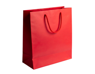 A vibrant, scarlet-colored shopping bag, glossy and rectangular, with matching rope handles, set against a black background