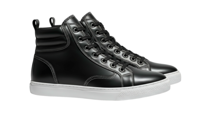 Pair of black leather high-top casual footwear displays prominently against a dark background