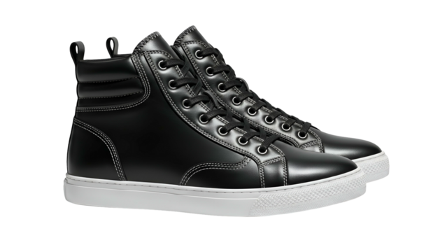 Pair of black leather high-top casual footwear displays prominently against a dark background