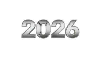 Three dimensional metallic numerals display the year two thousand twenty six against a black background