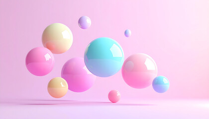 Abstract 3D illustration of colorful floating spheres against a soft pink background for design