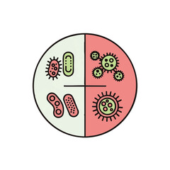 A vector illustration showcases various types of bacteria and viruses within a divided circular frame, symbolizing microbiology and infectious diseases with a modern design.