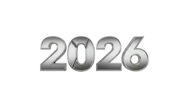 Three dimensional metallic numerals display the year two thousand twenty six against a black background