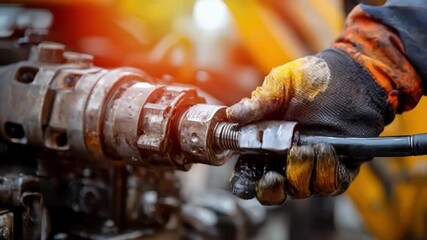 Closeup medium shot of emergency repair on a hydraulic cutter motor showcasing urgent diagnostics and skilled hands replacing damaged components.