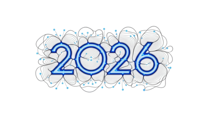 Digital glowing numbers representing the year twenty twenty six stylized within an abstract technological floral pattern
