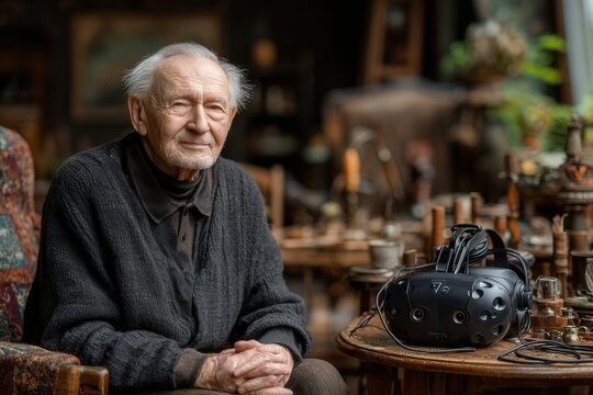 Smiling elderly man in cozy living room using VR headset, warm tones and natural light, with realistic textures.