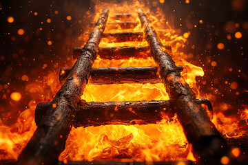 A burning wooden ladder amidst flames, creating a dramatic and intense scene with glowing embers and fire.