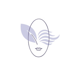 Minimalist vector illustration depicts a face with a leaf and wavy lines, suggesting nature, beauty, and serenity in a simple, elegant design.