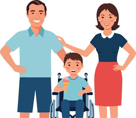 Joyful family embraces diversity with son in wheelchair enjoying ice cream, celebrating inclusion and happiness together