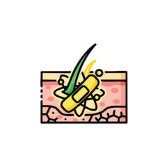 A colorful illustration depicts a cross-section of skin with hair, a bandage, and atoms, possibly representing dermatology or scientific skincare treatments.