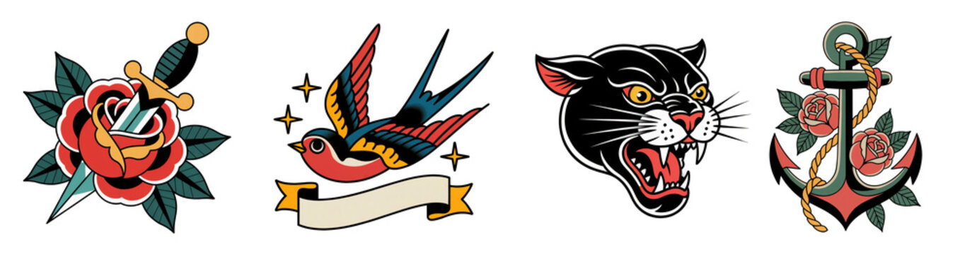 American traditional tattoo icons featuring dagger rose swallow panther and anchor rendered in bold vintage colors on transparent background for design elements and graphic templates