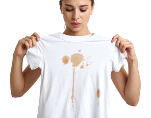 A woman holds up a white t-shirt with a large coffee stain, looking concerned. The shirt is the main focus