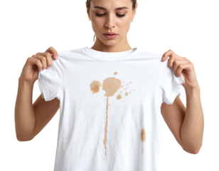 A woman holds up a white t-shirt with a large coffee stain, looking concerned. The shirt is the main focus