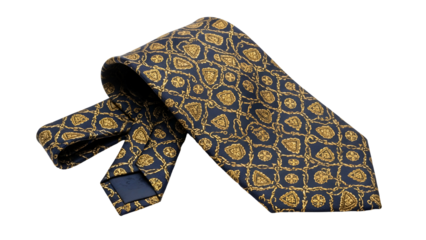 Elegant silk neckwear featuring an intricate repeating gold pattern against a dark blue fabric.
