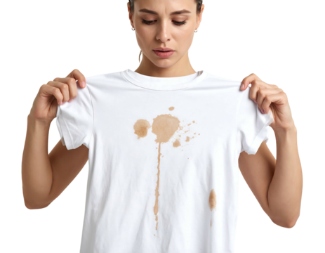 A woman holds up a white t-shirt with a large coffee stain, looking concerned. The shirt is the main focus
