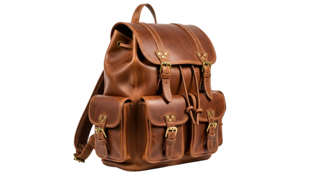 Traditional styled leather rucksack featuring multiple exterior pockets and brass hardware is isolated against a black background.