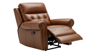 Brown upholstered plush chair is partially reclined against a dark background