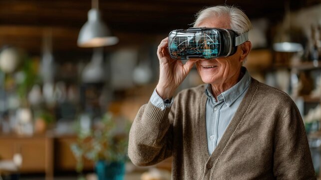 Smiling elderly man in cozy living room using VR headset, warm tones and natural light, with realistic textures.