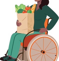 Empowered woman in wheelchair happily carries fresh groceries home, embracing independence and healthy living after shopping