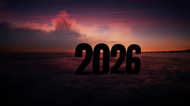 Happy New Year 2026 Celebration with a backdrop of white clouds and sky Sunset and sunrise . Greetings, Wishes, Holiday Cards, Celebration  4K . An endless flight through the clouds. Daytime. 