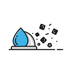 A minimalist vector illustration depicts a water drop falling onto a surface, causing a splash and the dispersal of small, cube-shaped particles.