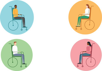 Diverse individuals embracing mobility and independence, showcasing inclusivity and accessibility in vibrant circular designs