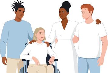 Diverse group of friends including a person in a wheelchair sharing support and connection, celebrating unity and inclusion