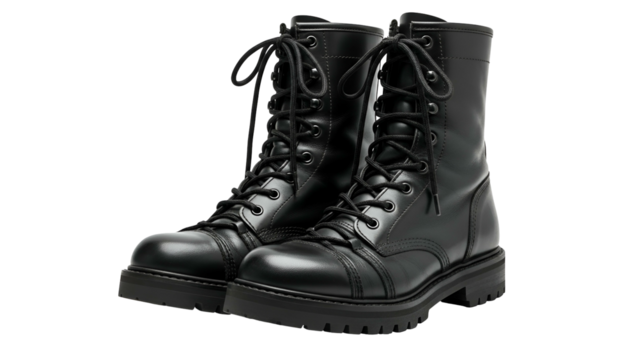 Pair of black leather combat boots stands against a dark background