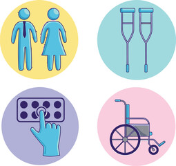 Modern icons represent accessibility, medical aids, and diverse individuals ensuring inclusivity in design and healthcare solutions.