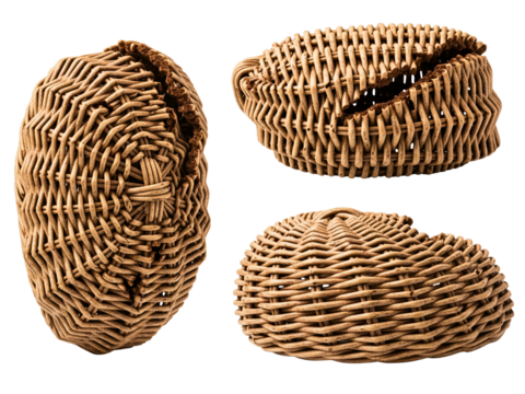 Set of three handmade broken wicker baskets from different angles on a transparent background