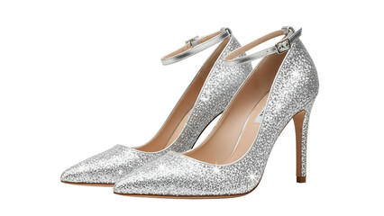 Pair of sparkling silver high heeled shoes with ankle straps displayed against a black background