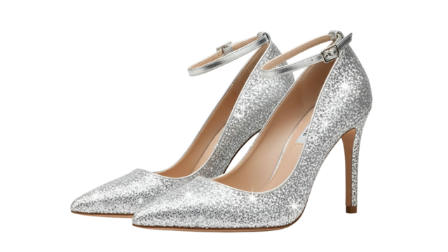 Pair of sparkling silver high heeled shoes with ankle straps displayed against a black background