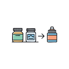 A simple illustration shows the progression from pills in bottles to liquid medication in a dropper bottle, representing a change in medication form.